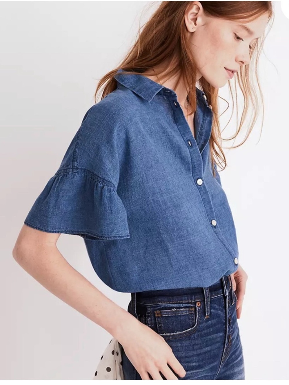 Madewell Central Ruffle-Sleeve linen cotton blend button down shirt, size small - Picture 2 of 7